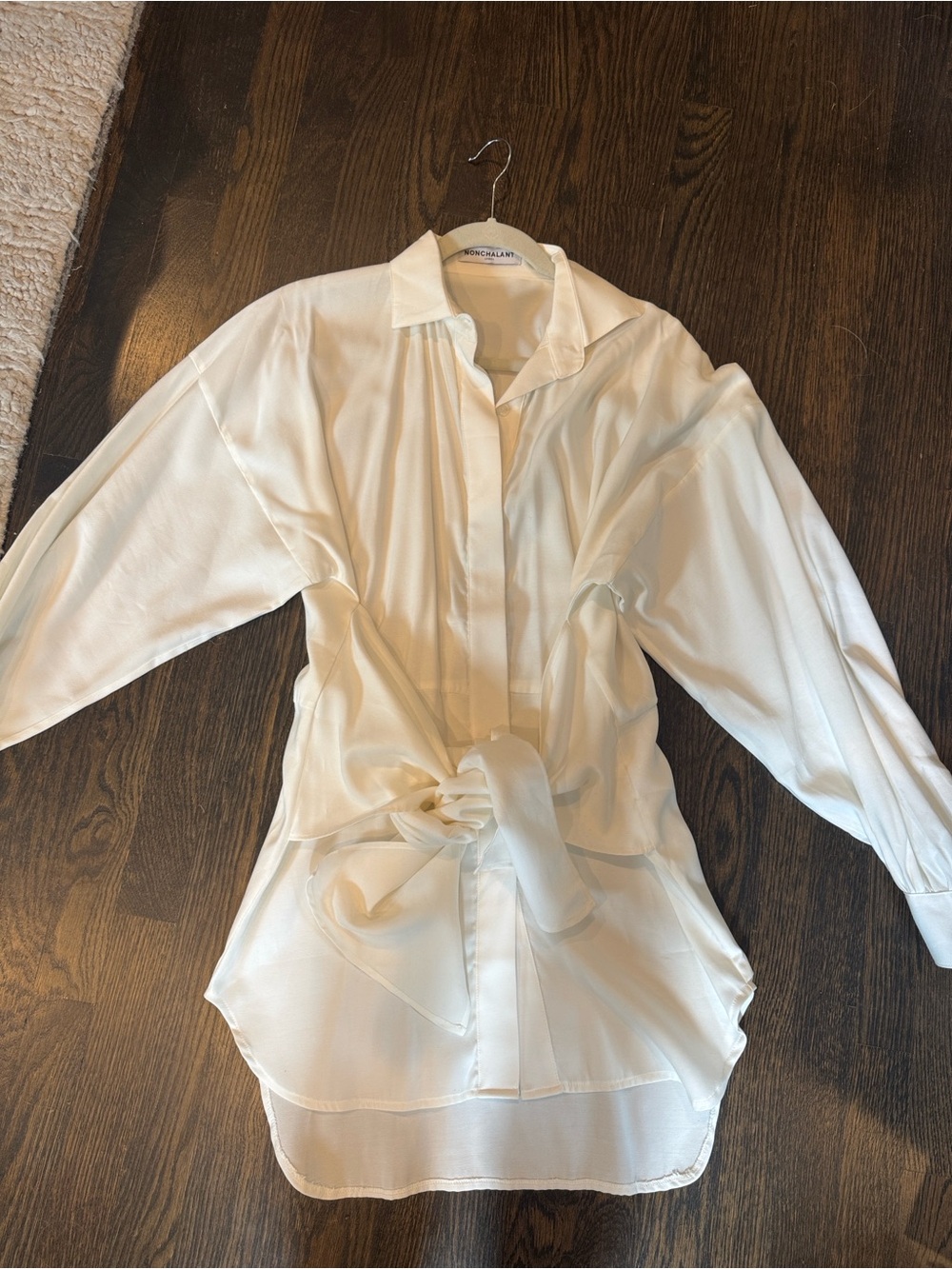 NONchalant Ivory Satin Button-Front Tie-Waist Blouse